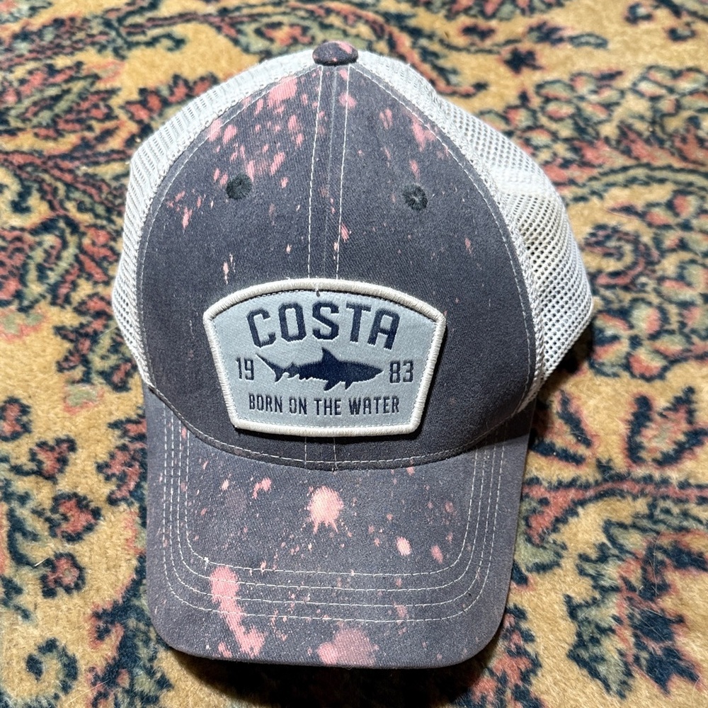 Costa Gray Trucker Hat with Custom Pink Splatter, Snap Back Costa Del Mar Cap